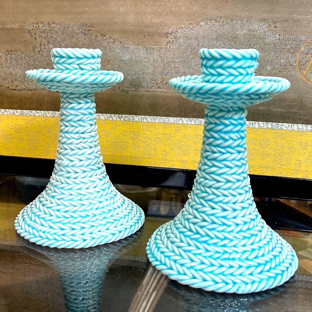 Trompe l'Oeil Italian Ceramic Crotched Pattern Light Blue Candle Holders- a Pair